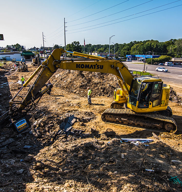 Soil stabilization with hollow bars using a WORD Excavator Attachment in Auburn Alabama.